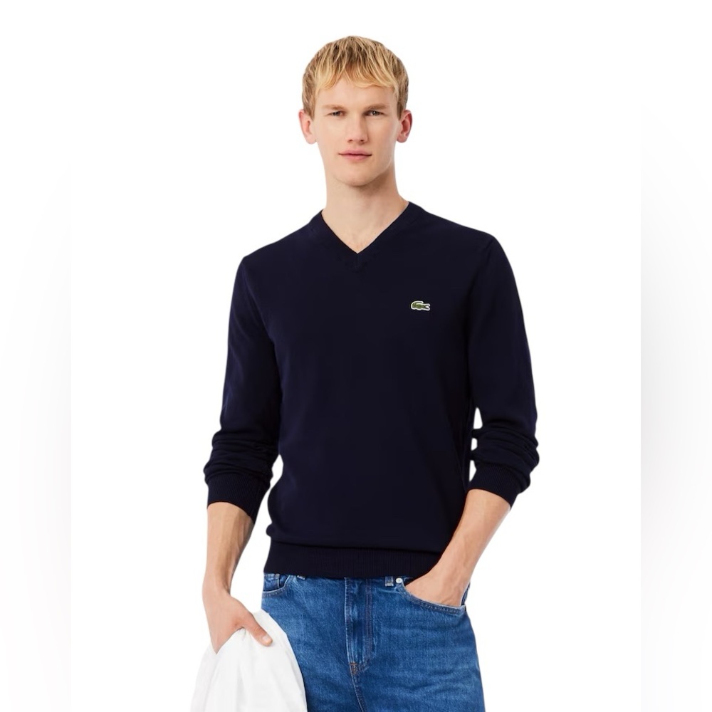 Lacoste Men’s Cotton V-Neck Sweater Navy Crocodile Logo 4XL Size 9